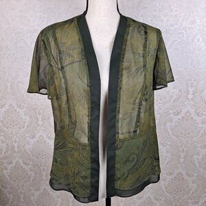 Studio I Size 8 Olive Green Open Front Shirt/Jacket Sheer Stripes Paisley Print